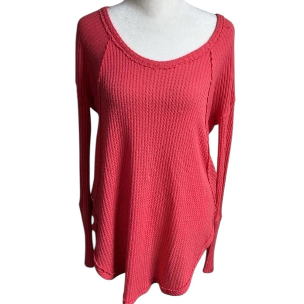 Free People Waffle Knit Thermal Top Women’s S Coral Oversized Tunic Boho Slouchy